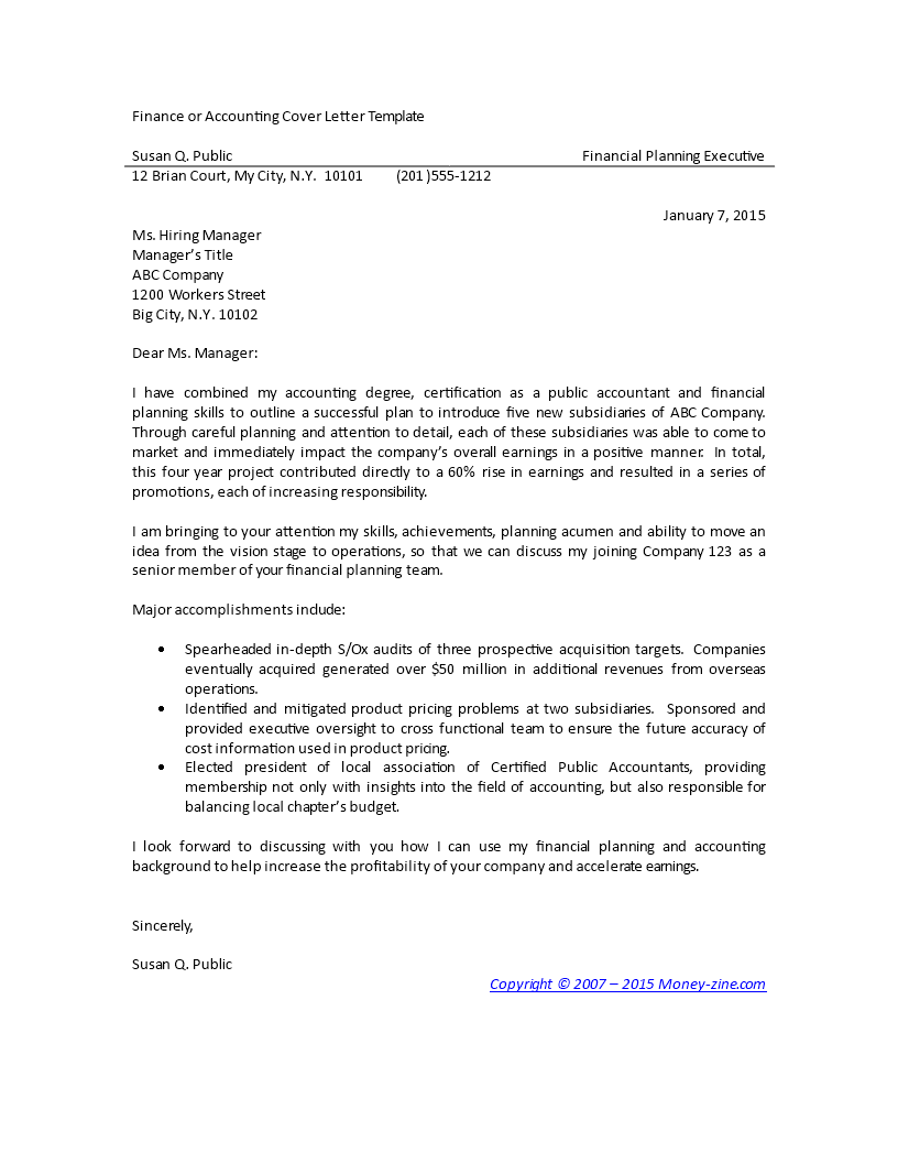 Finance And Accounting Cover Letter main image