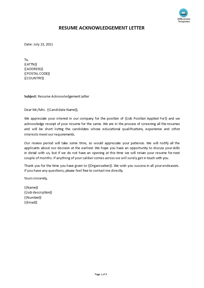 acknowledgement letter template