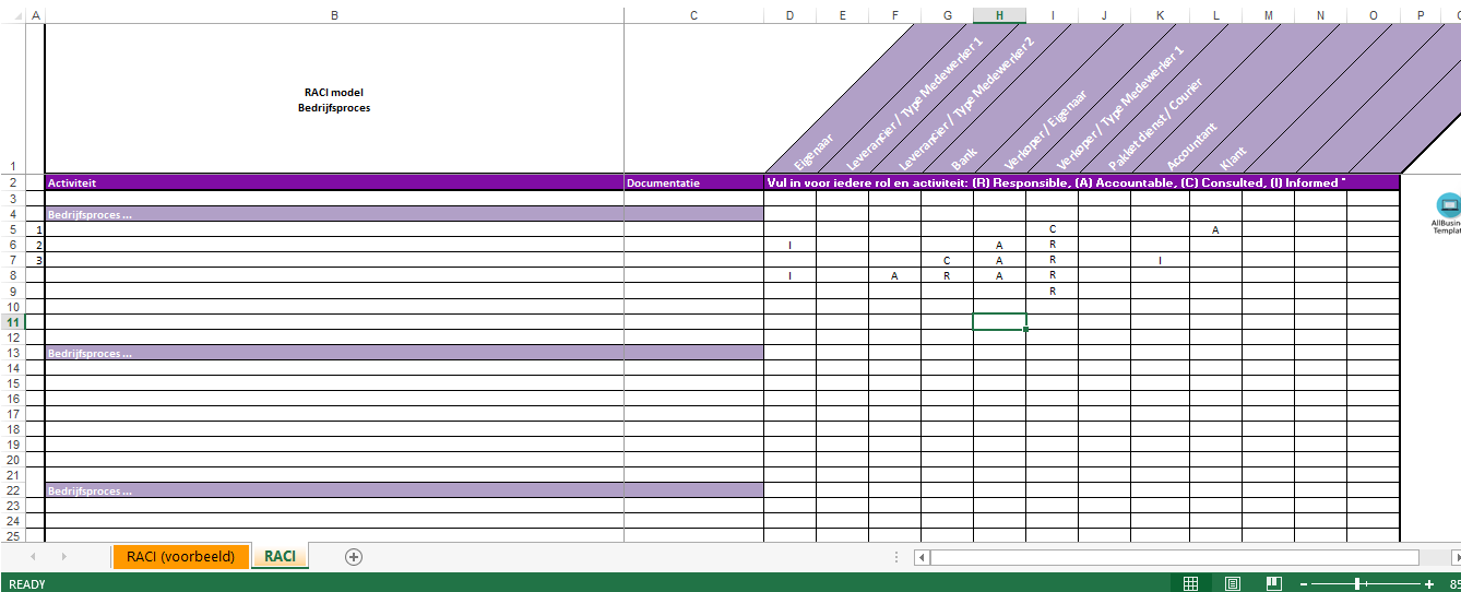 RACI Excel template met instructies 模板