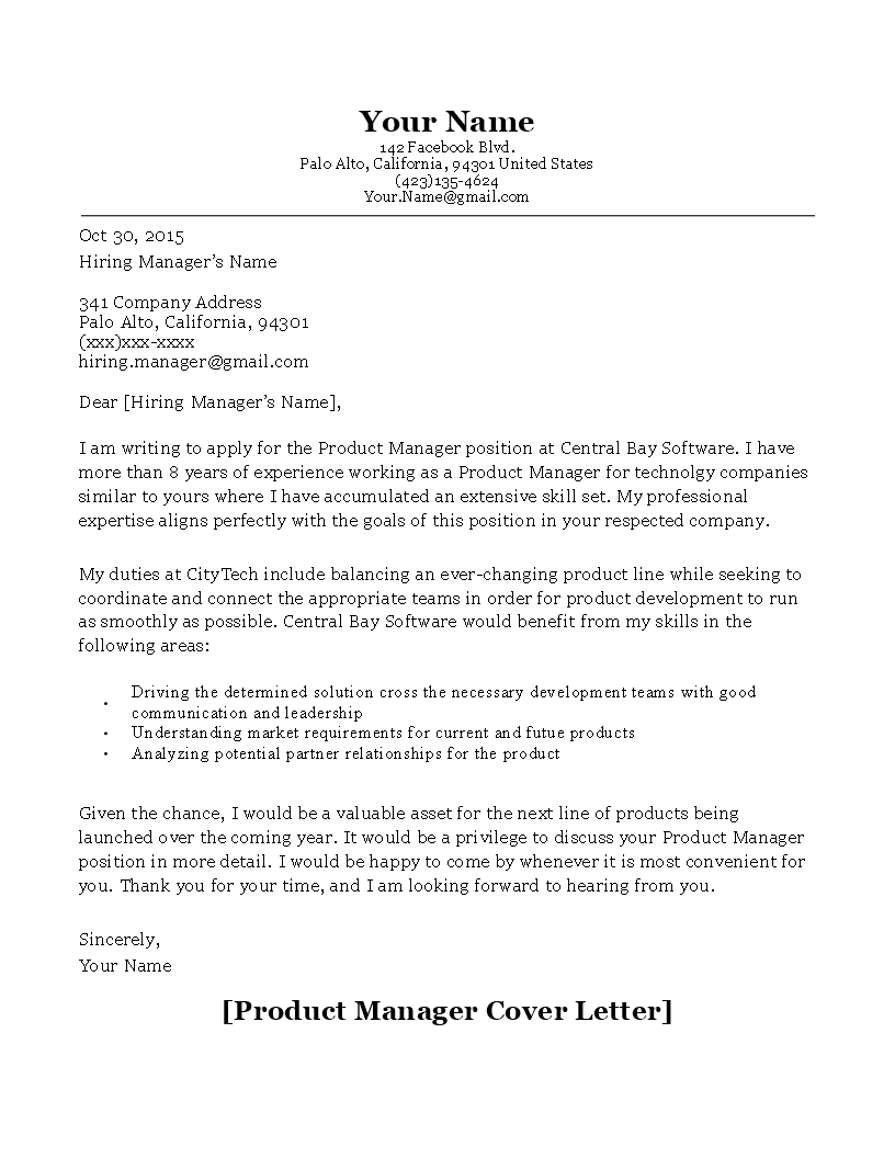 Product Manager Cover Letter Sample main image