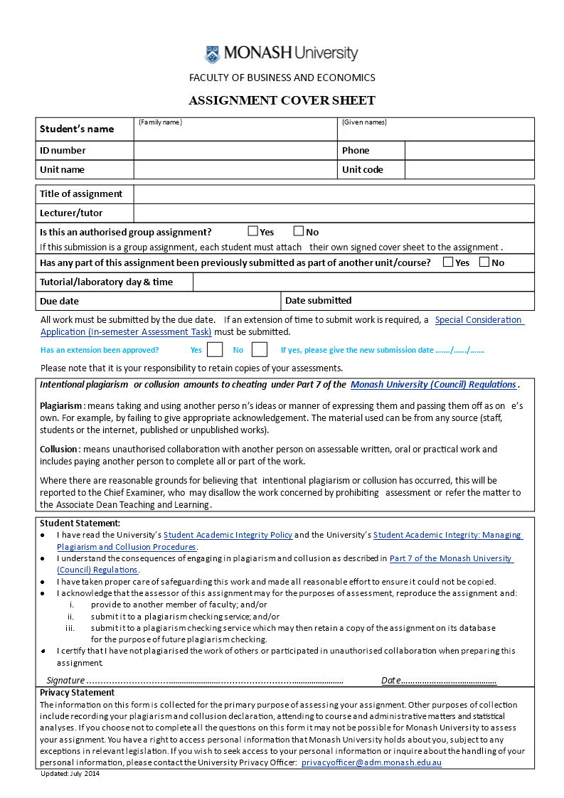 University Assignment Cover Sheet main image