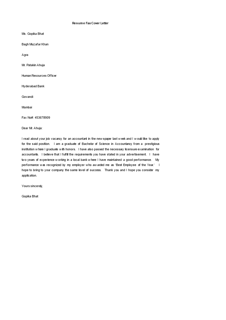 printable resume fax cover letter template Hauptschablonenbild