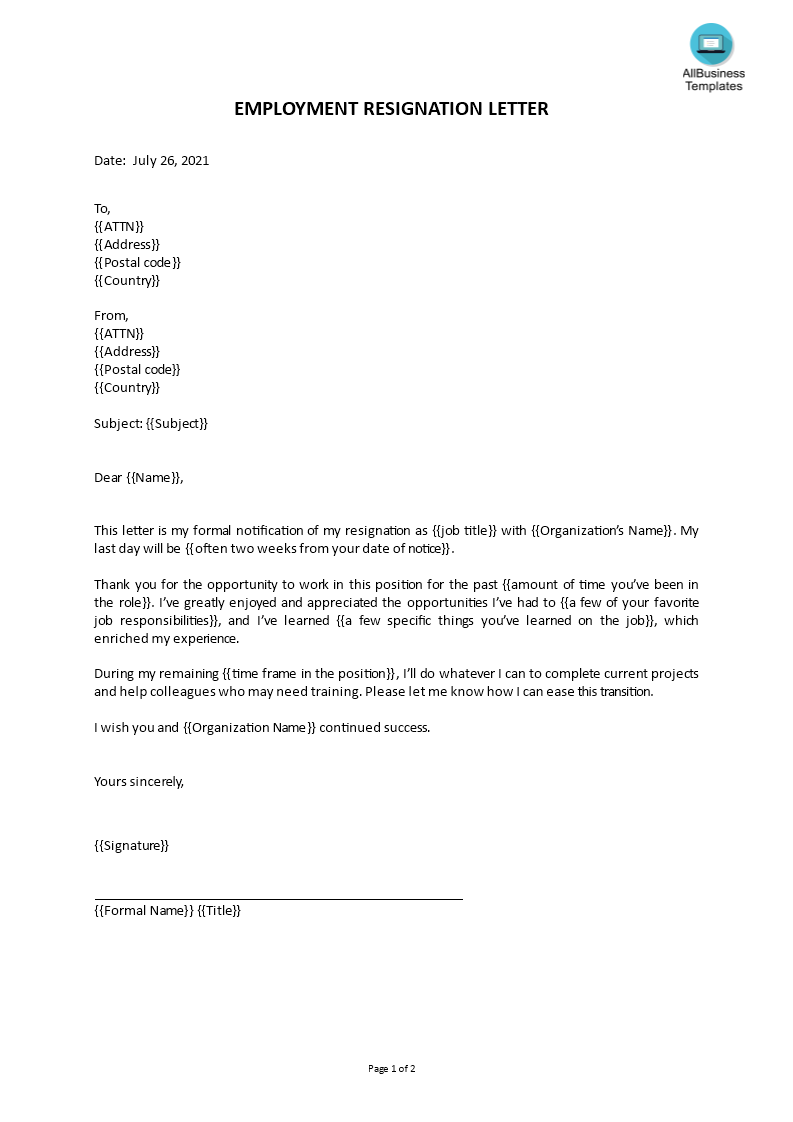 employment resignation letter template