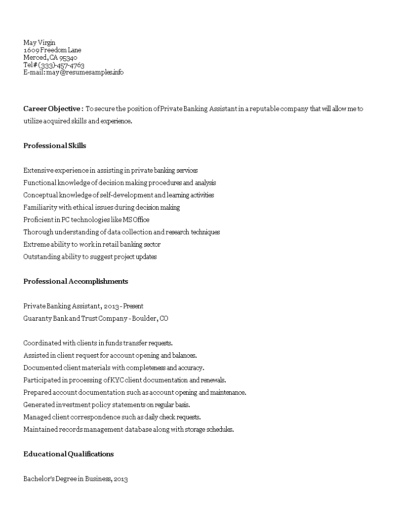 Private Banking Assistant Resume 模板