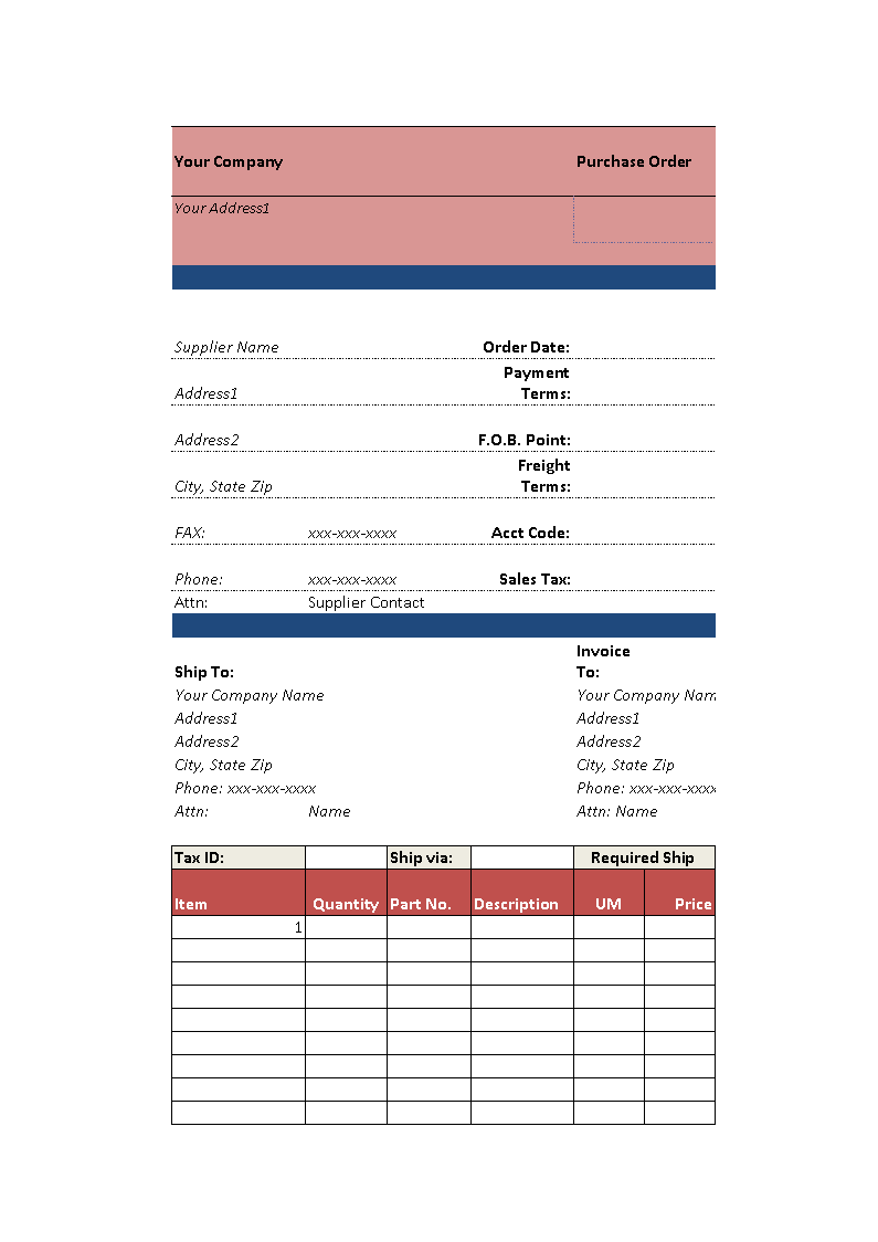 Purchase Order worksheet template main image