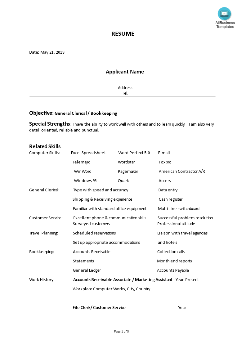 Bookkeeping Functional Resume example 模板