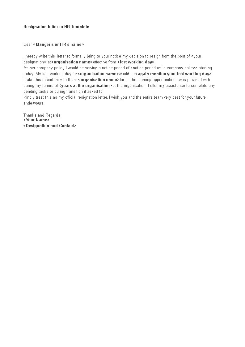 Resignation Letter To Hr main image