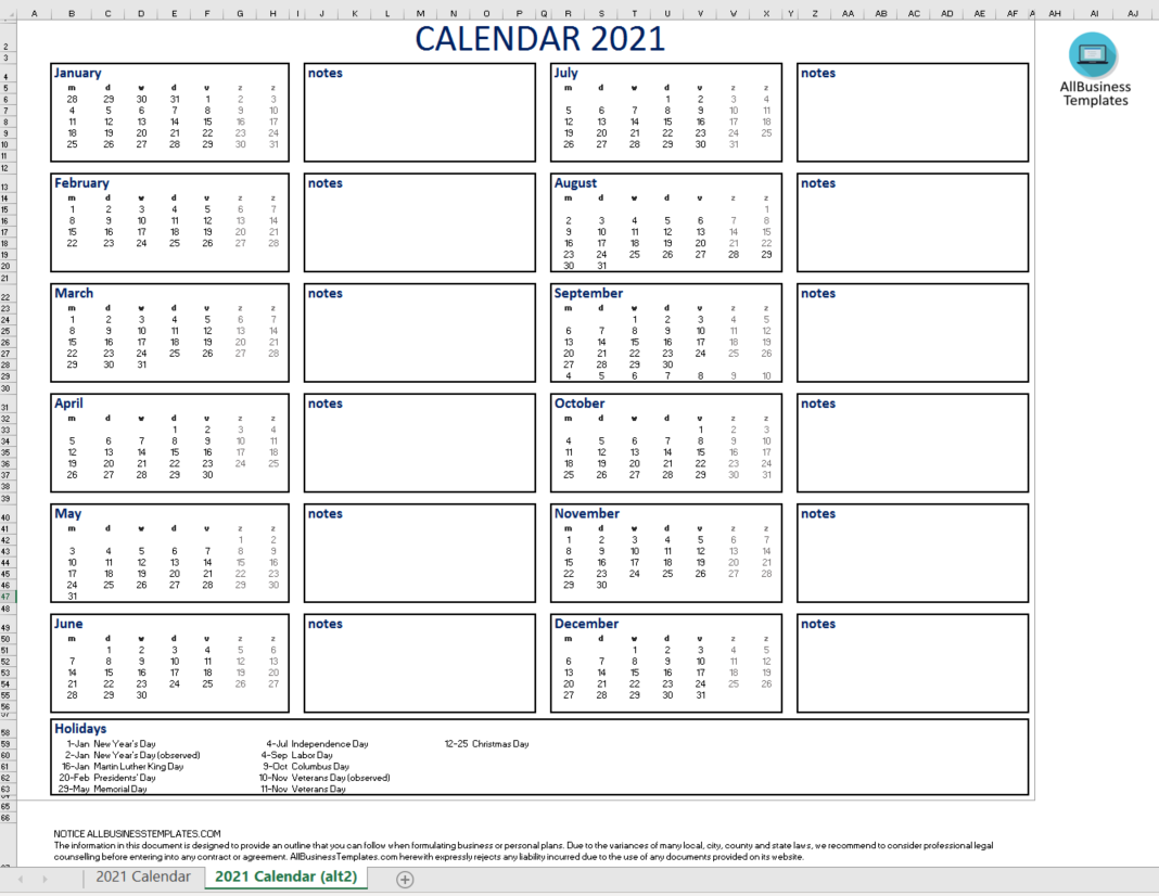 Calendar 2021 Excel 模板