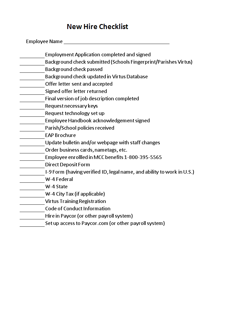 new hire checklist sample template
