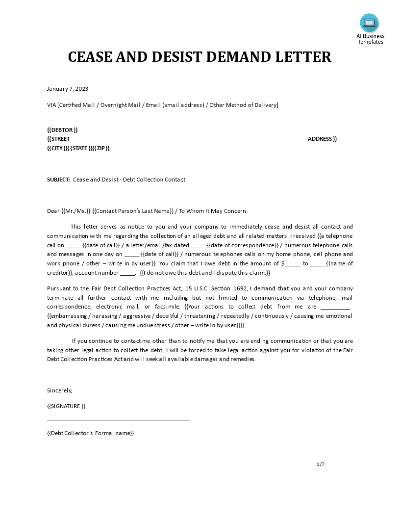 Cease and Desist Demand Letter 模板