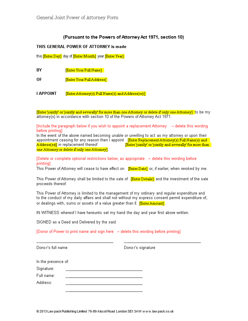 General Joint Power Of Attorney Form main image