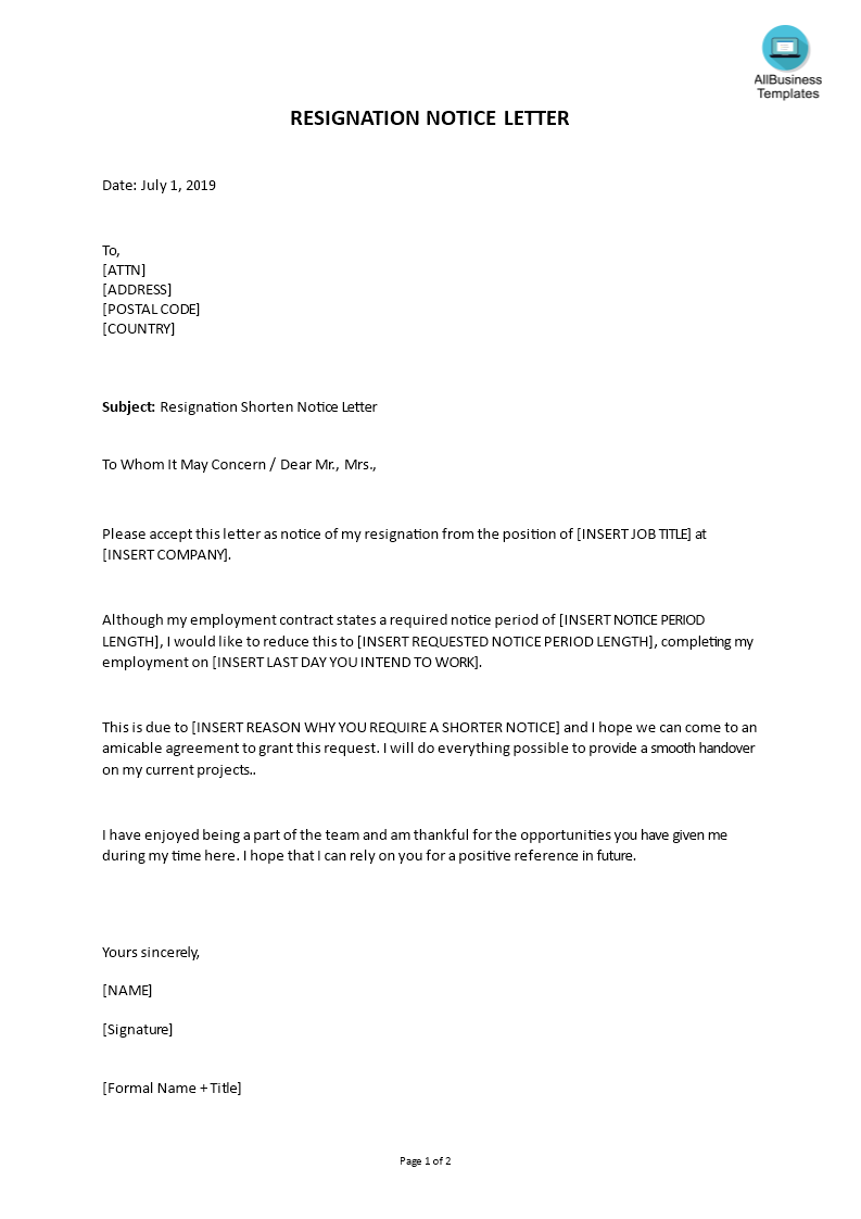 Resignation Shorten Notice Letter Sample main image