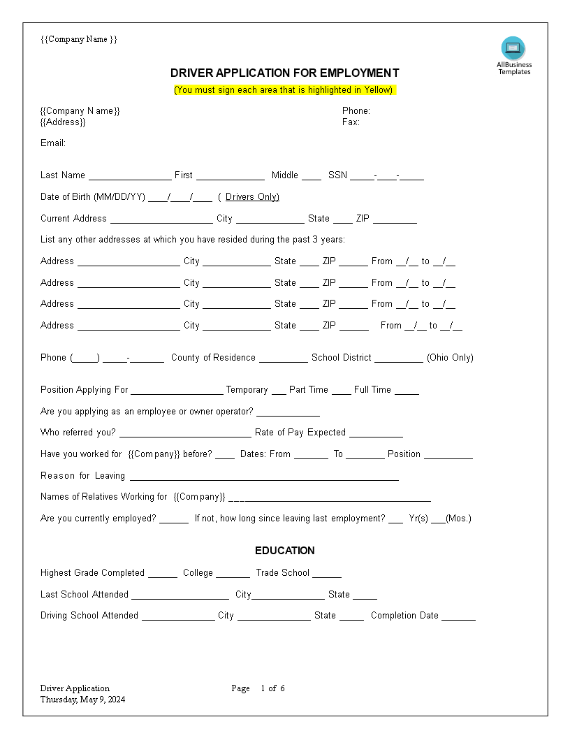 Truck Driver Employment Application Word main image