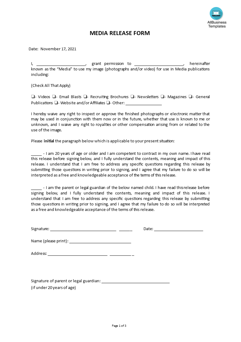 Media Release Form Template main image