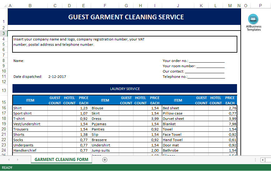 guest garment cleaning service template