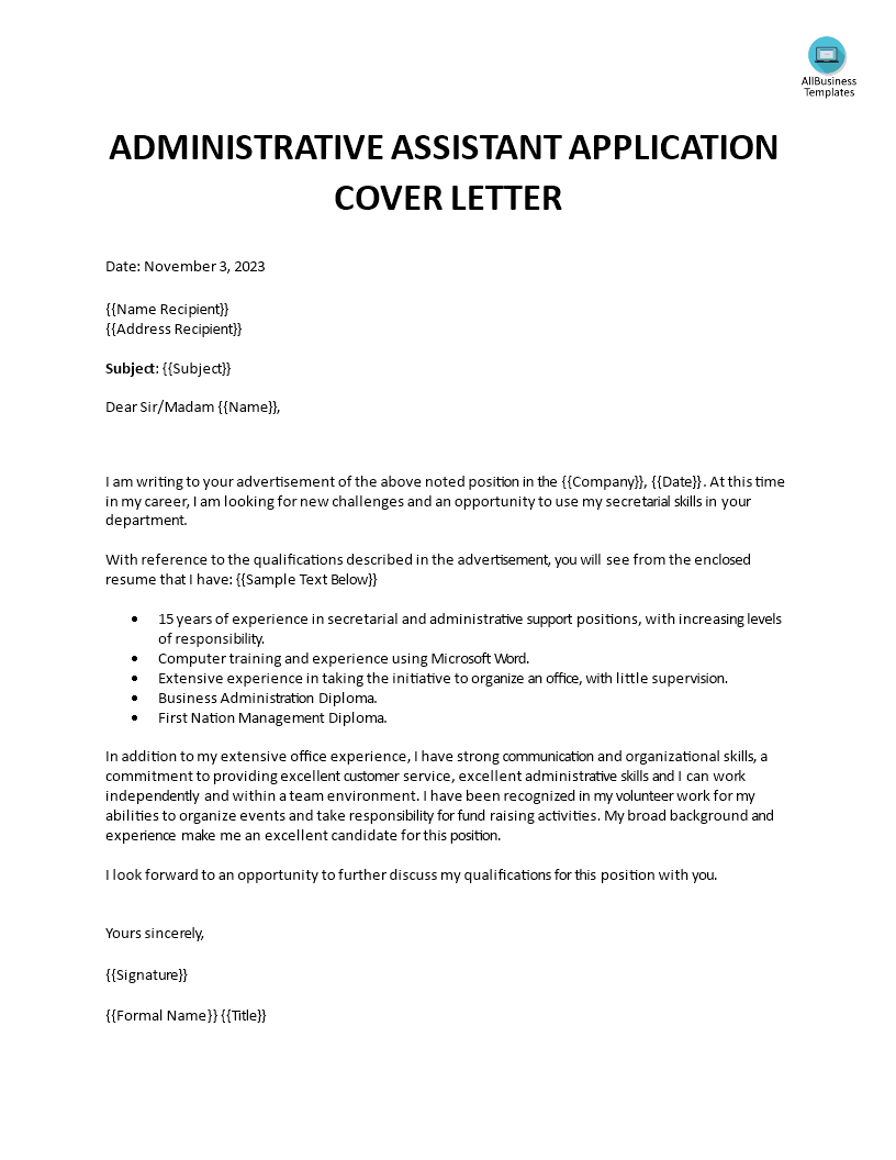 Administrative Assistant Application Cover Letter main image