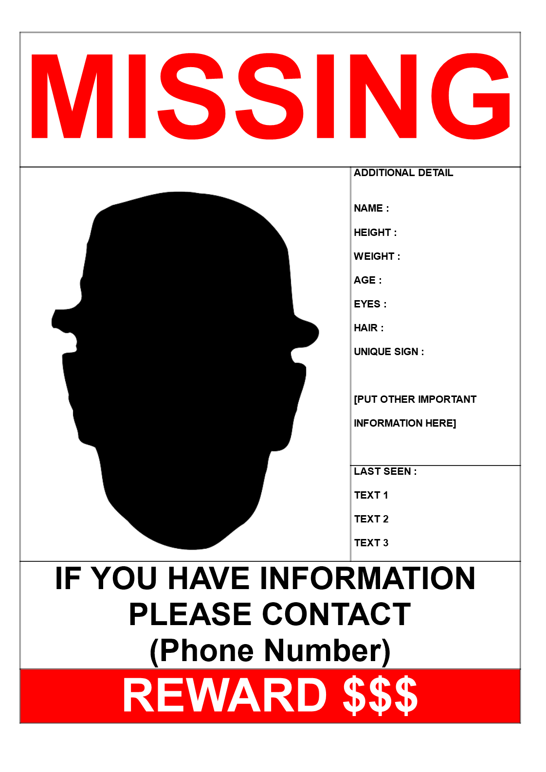 Missing Person Template with Reward A3 Size main image