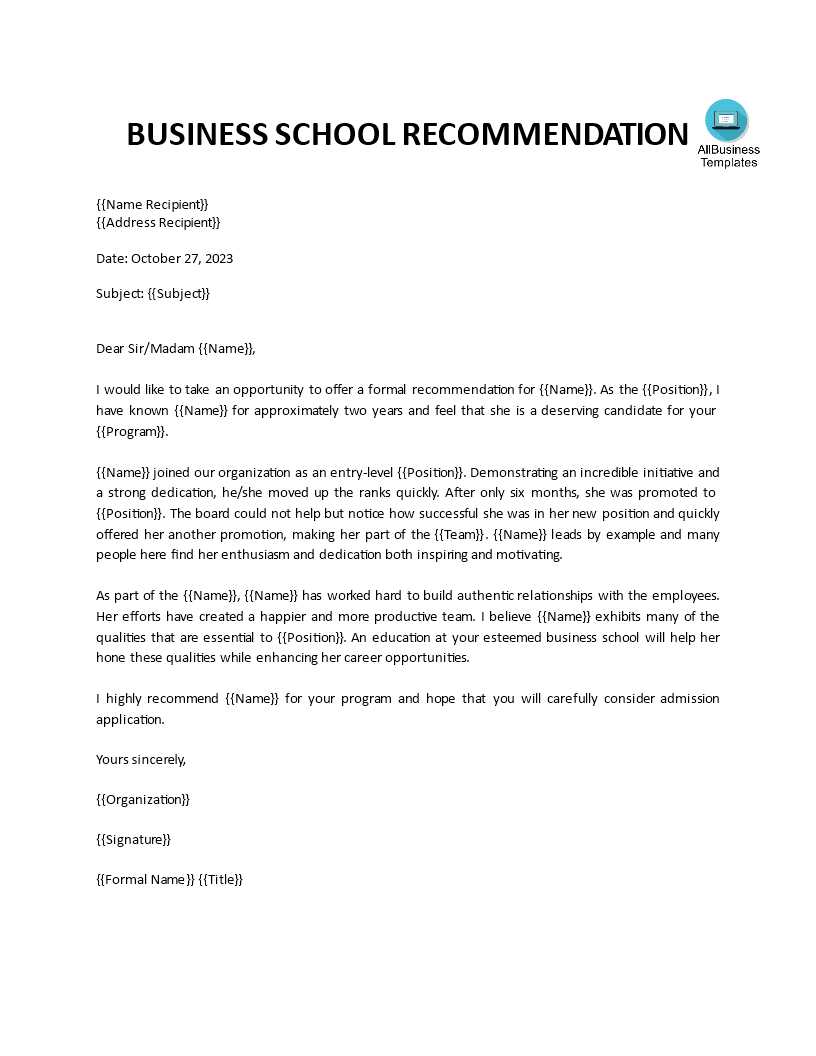Business School Academic Recommendation Letter main image