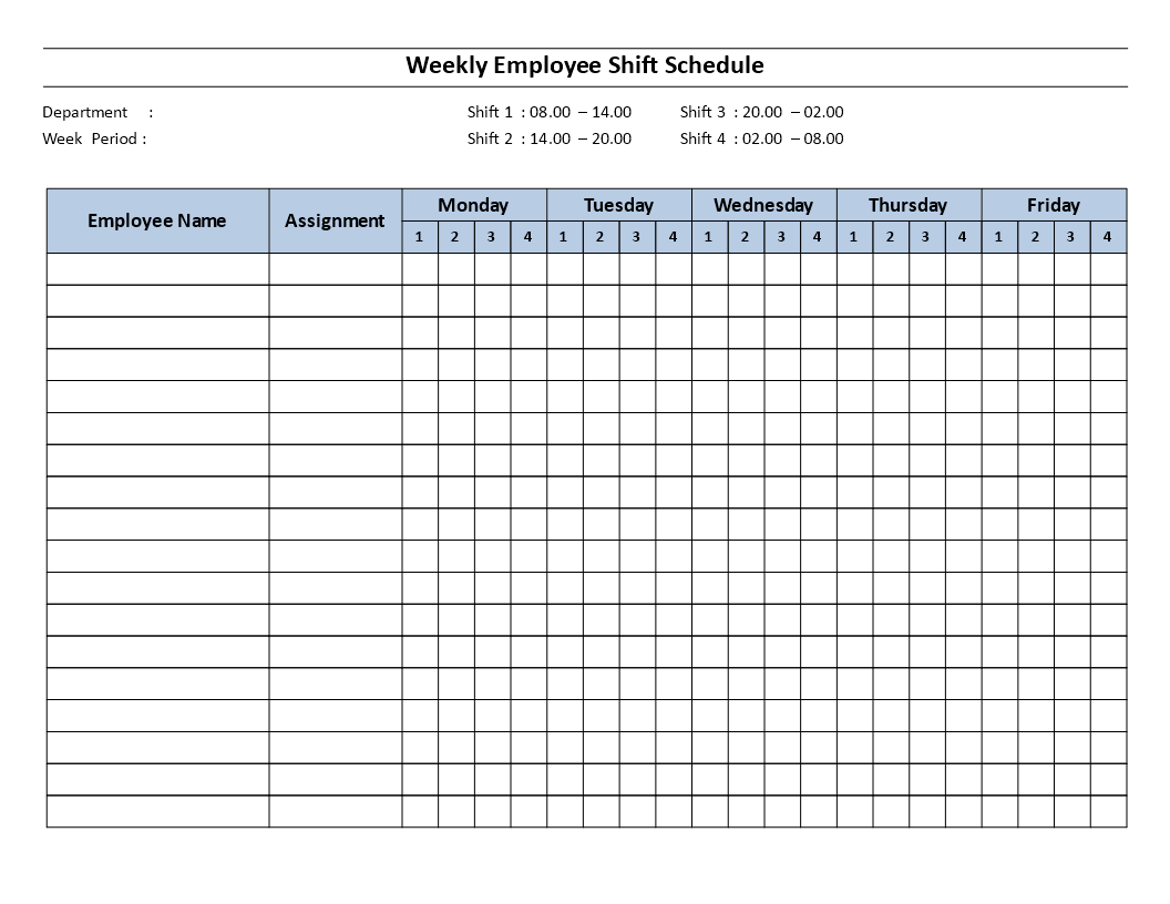weekly employee shiff schedule mon to fri 4 shift modèles