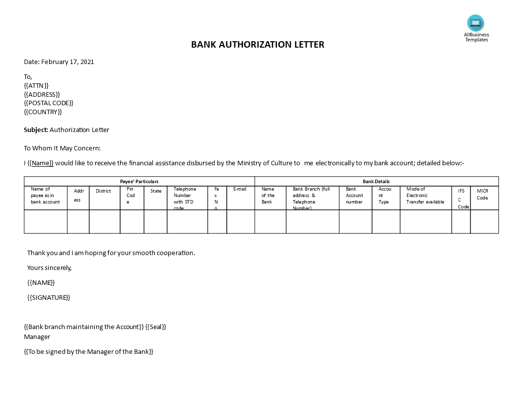 bank authorization letter template