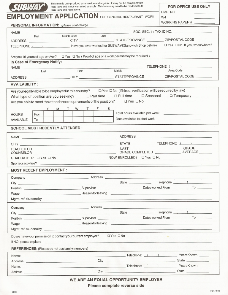 Restaurant Employment Application Form main image