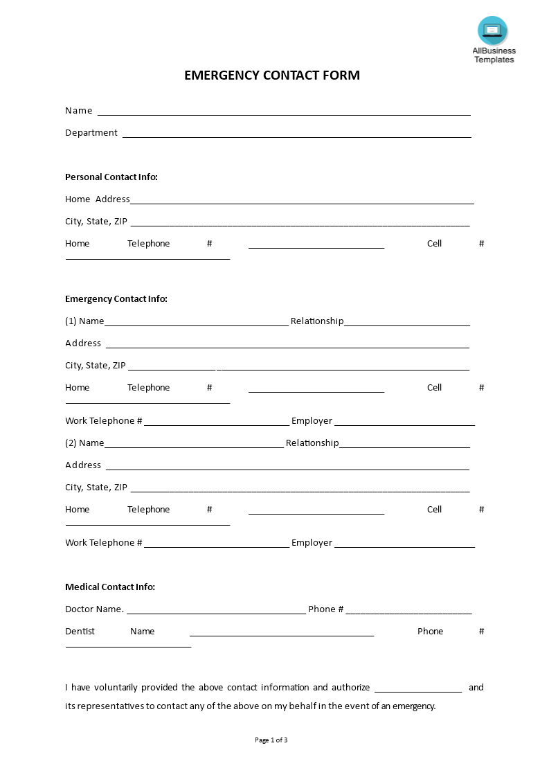 emergency contact sheet template