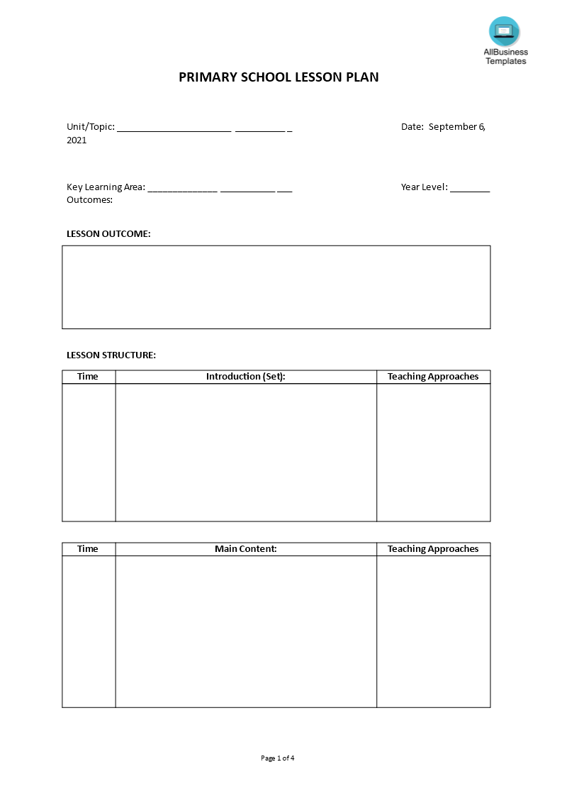 primary school lesson plan template template