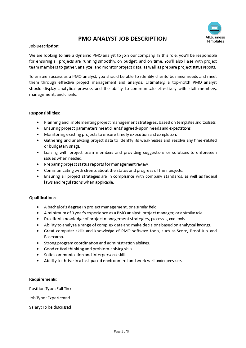 pmo analyst job description template