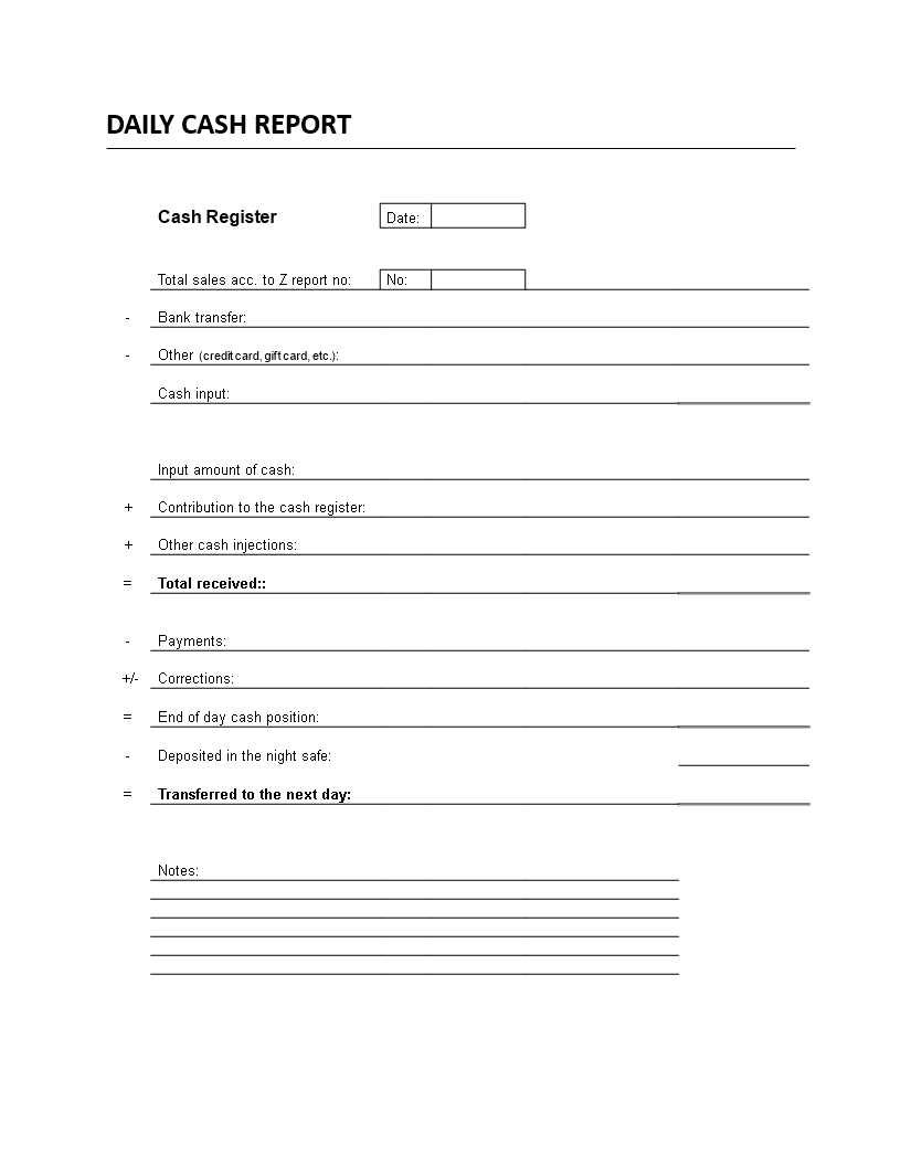 daily cash flow report template