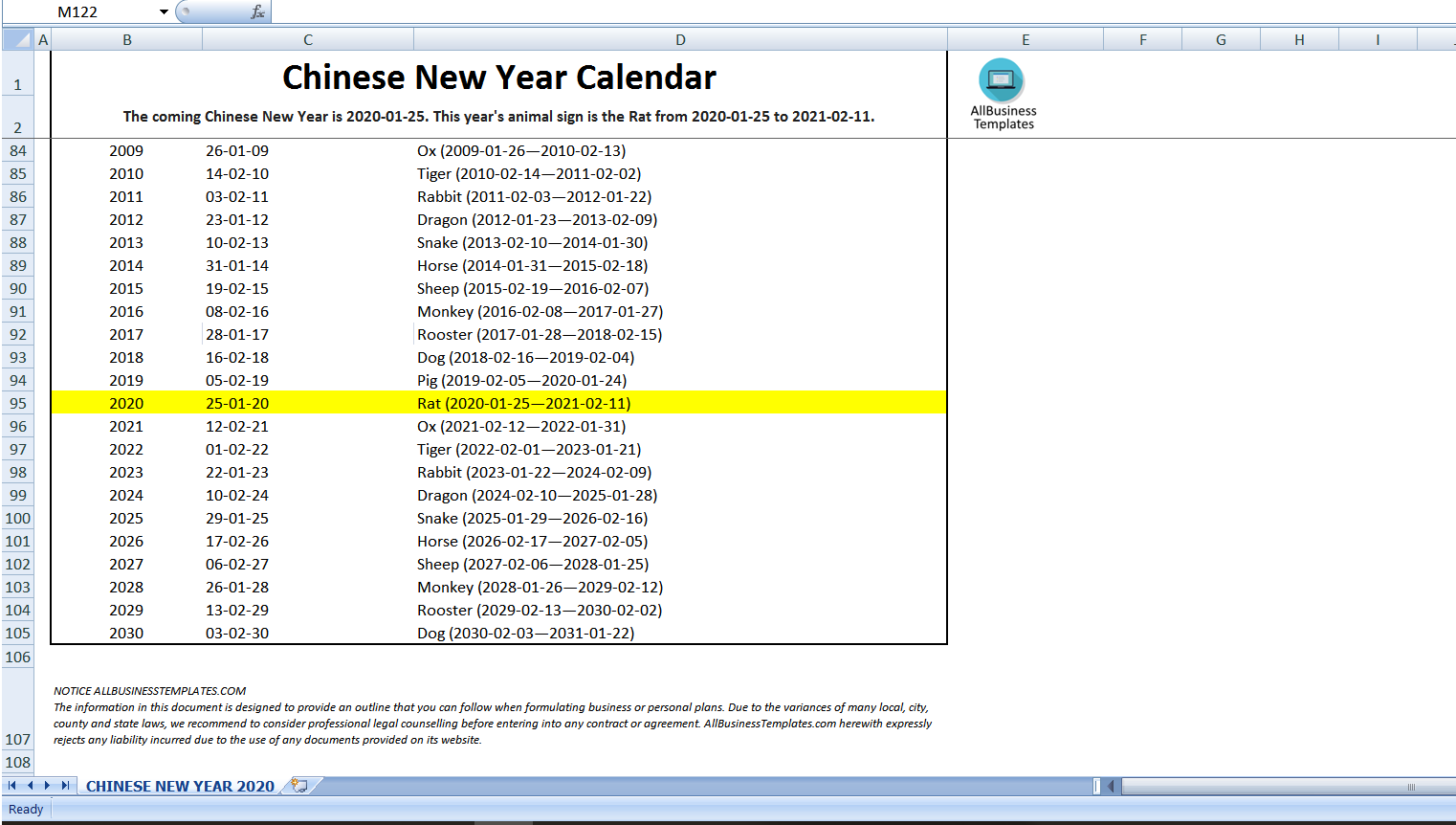 Chinese New Year 2020 Calendar 模板