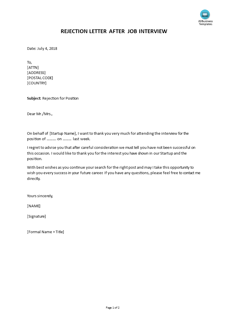rejection letter following job interview template