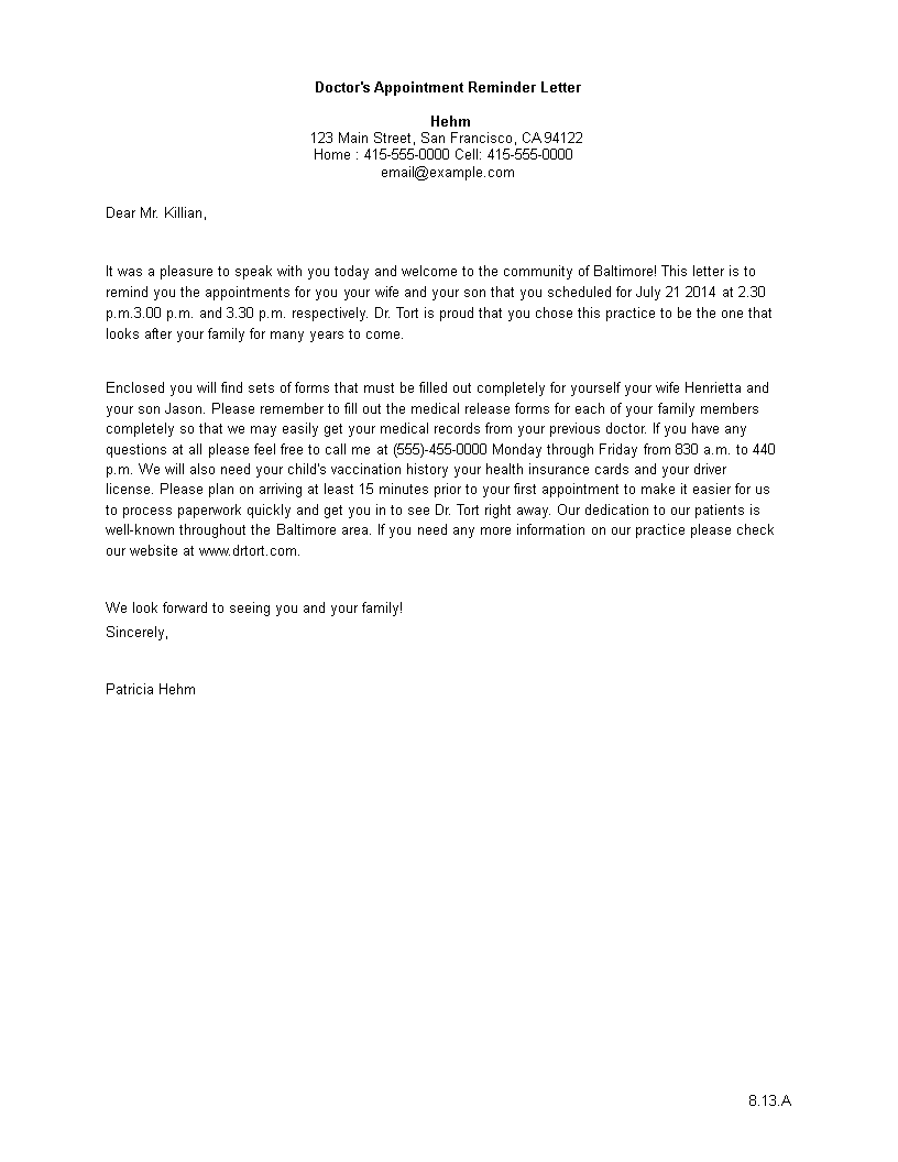 doctor's appointment reminder letter template