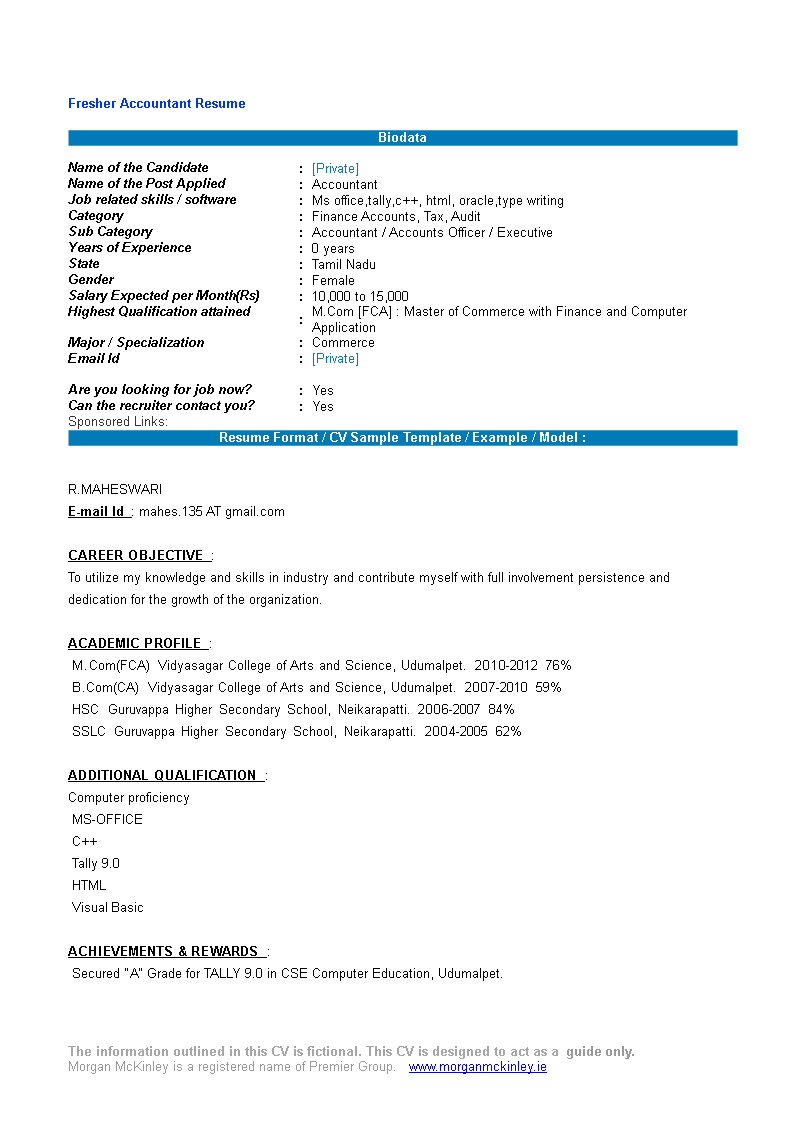 Accountant Fresher Resume Format main image