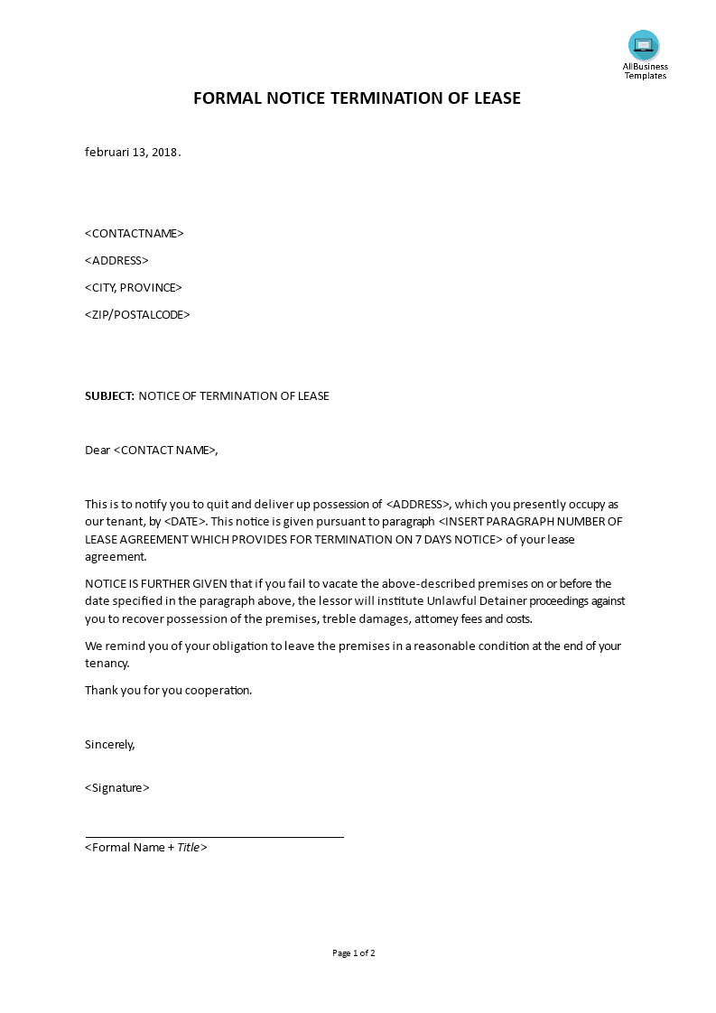formal letter landlord notice of termination lease template