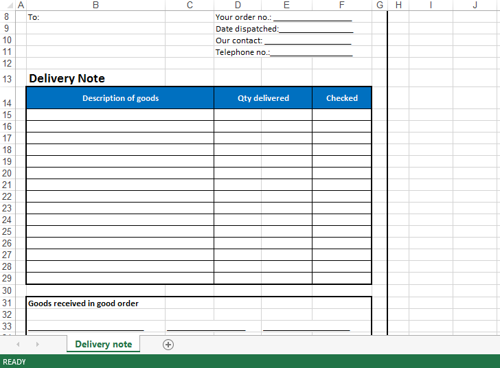 Delivery Note Excel Template 模板