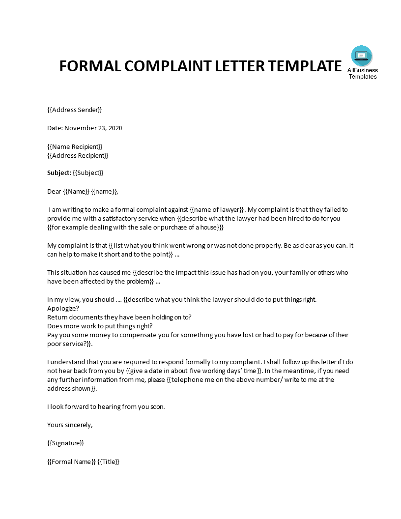 Formal Complaint Letter against a Lawyer or Law Firm main image