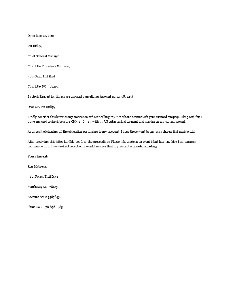 timeshare cancellation letter template