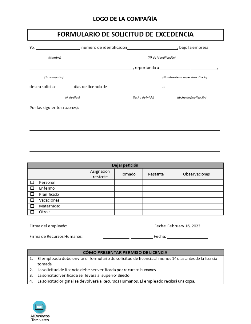 formulario de solicitud de excedencia template