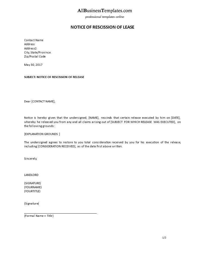 formal notice of rescission of lease Hauptschablonenbild