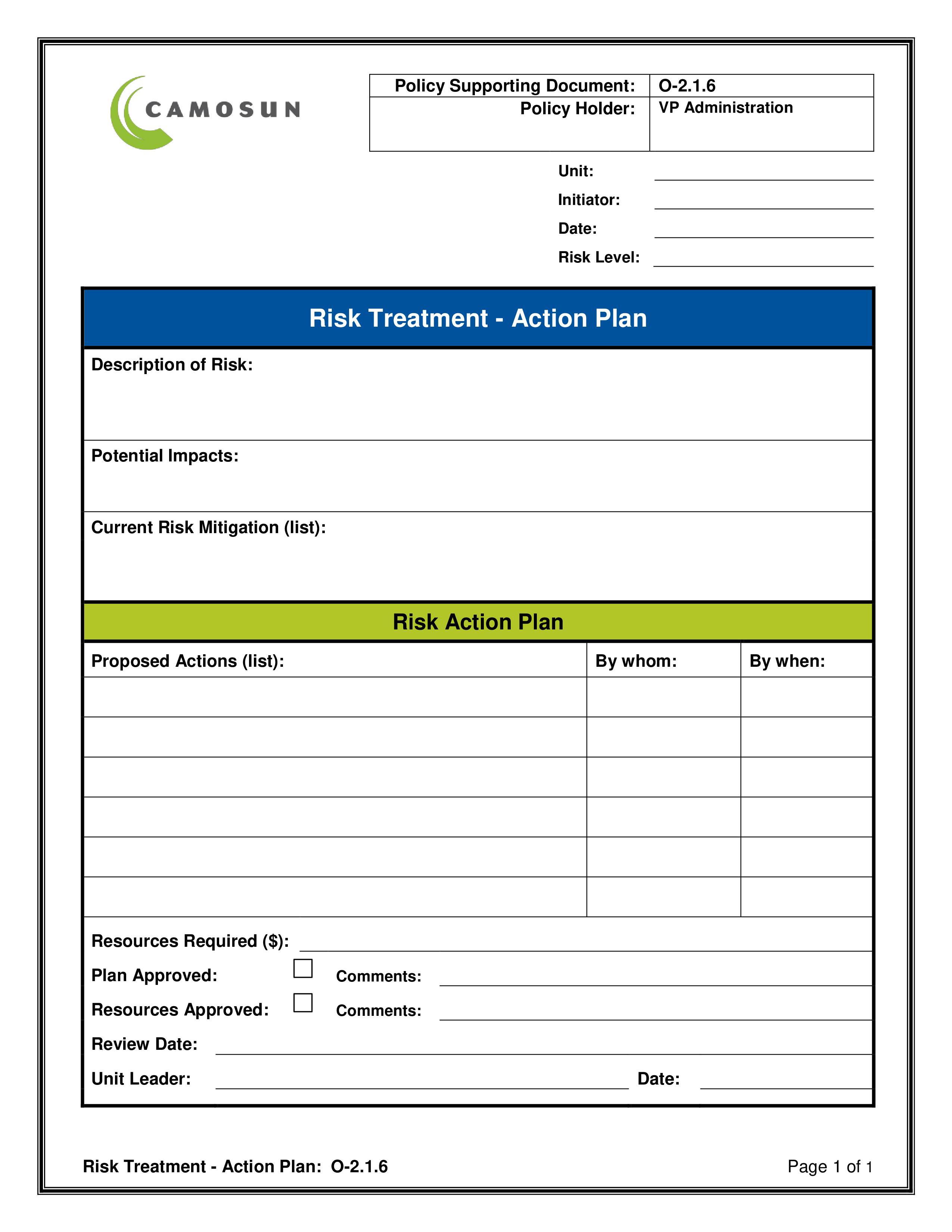 risk treatment action plan modèles