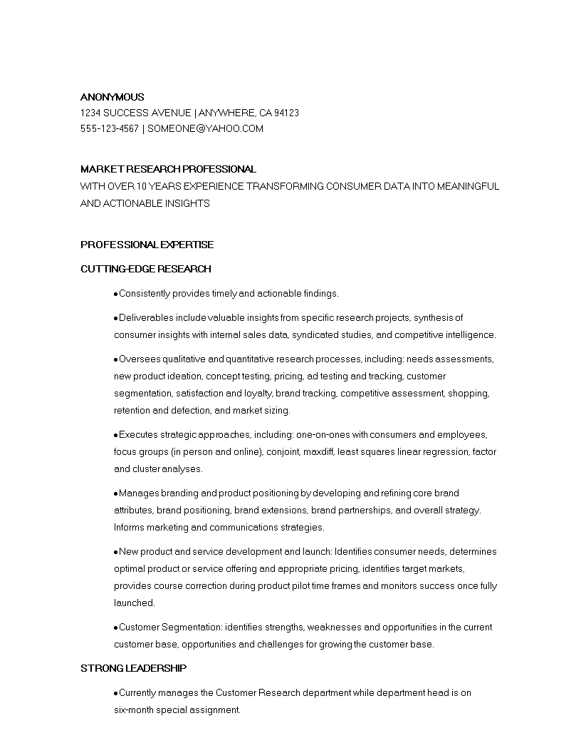 Marketing Research Manager Resume main image