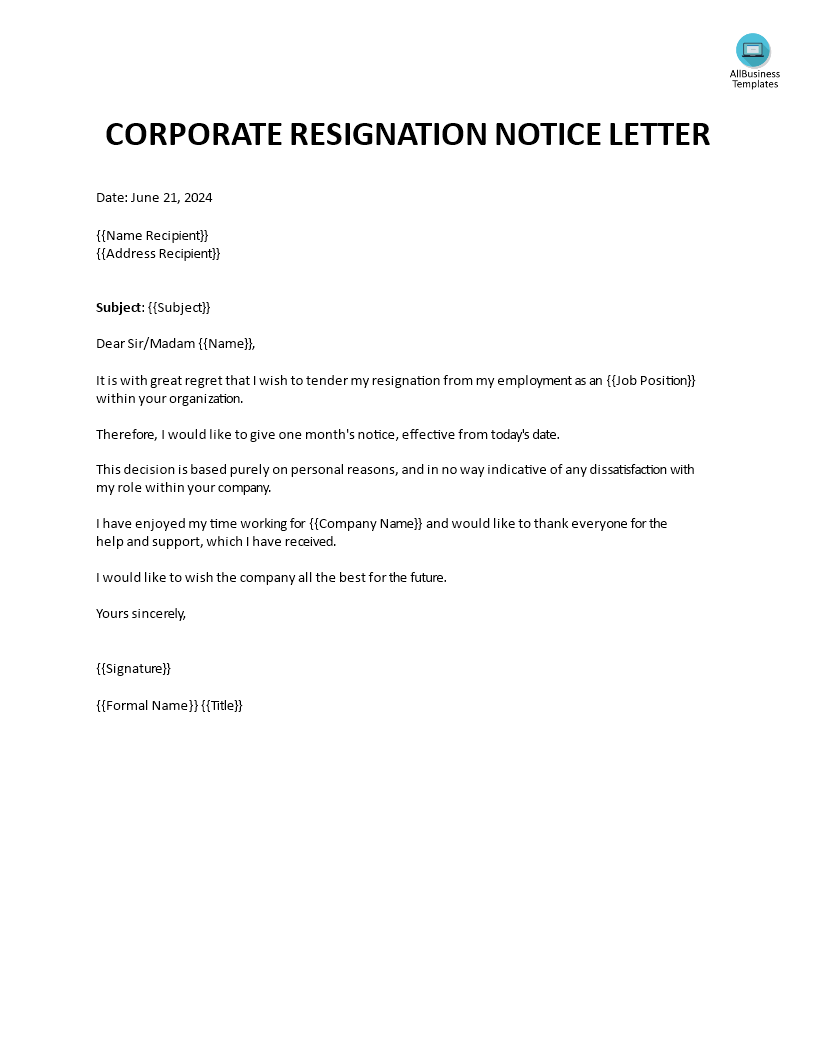 Corporate Resignation Notice Letter main image