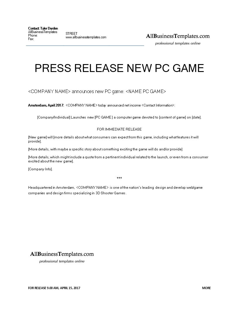 Press release example new computer game main image