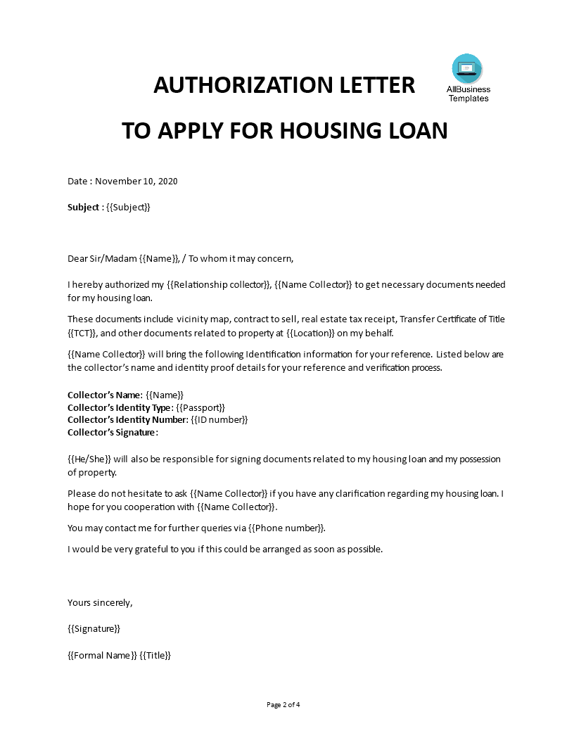 housing loan authorization letter template modèles