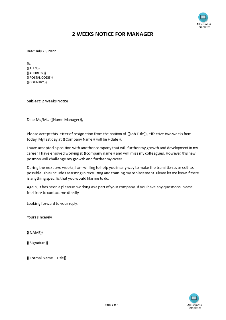 two weeks notice template
