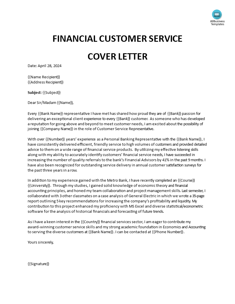 financial customer service representative resume cover letter template