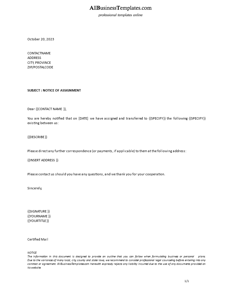 formal notice of assignment template