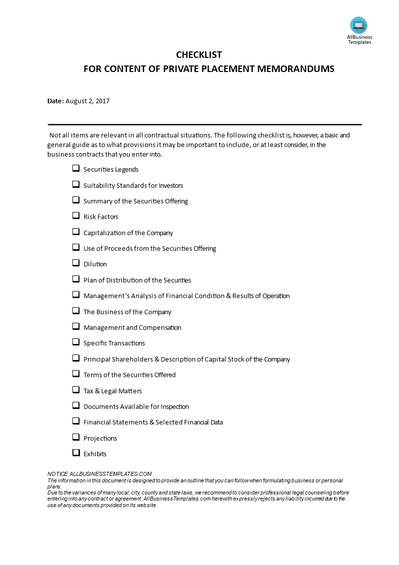 checklist: for content of private placement memorandums template