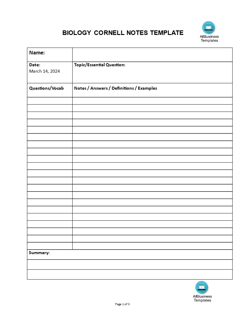 biology cornell notes word template