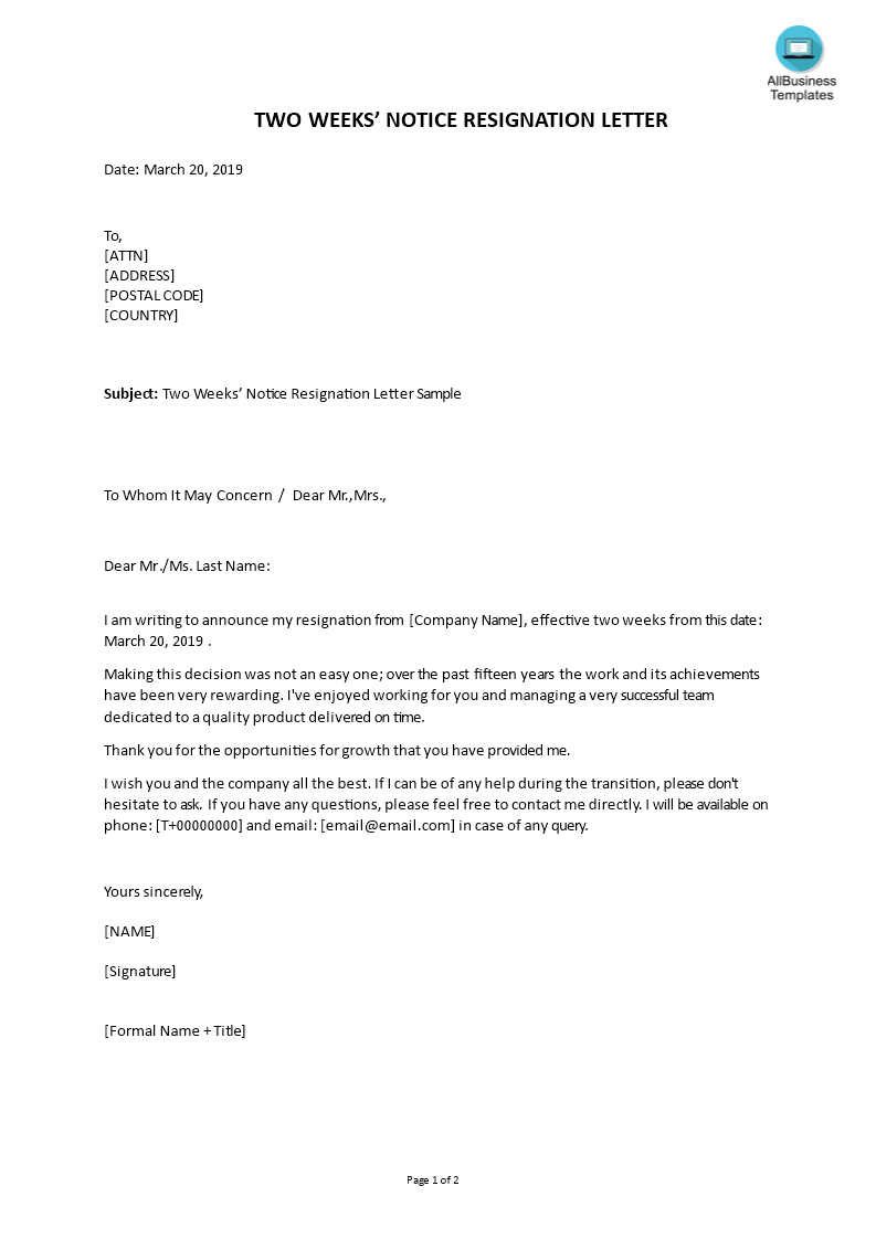 two weeks notice resignation template